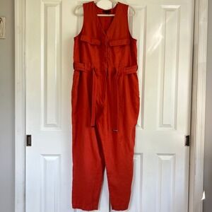 Donna Karan New York 100% Linen Sleeveless Belted Orange Red Jumpsuit Size L